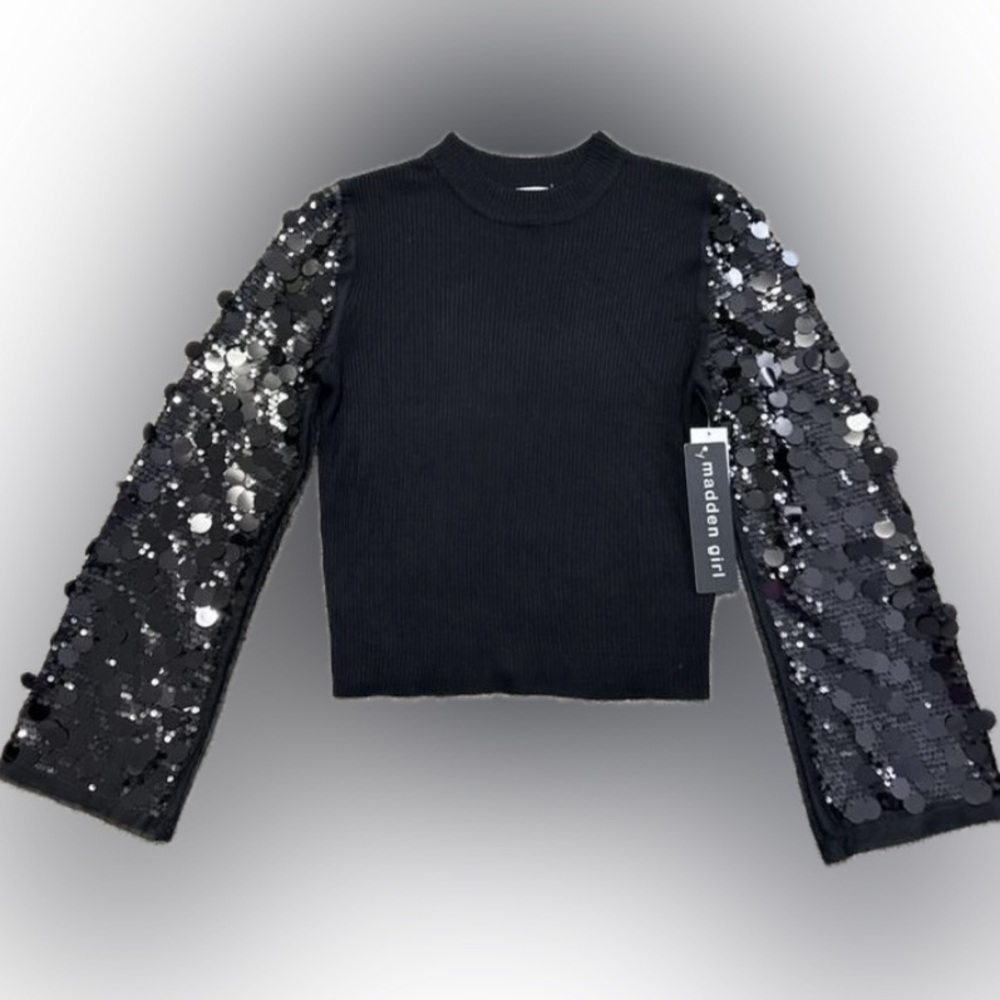 Madden Girl Black Sequin Sleeve Rubbed Top Large